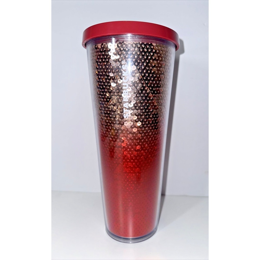 Starbucks Rose Gold Red Ombre Sequin Acrylic Cold Cup Tumbler 24 Oz 2018 Holiday